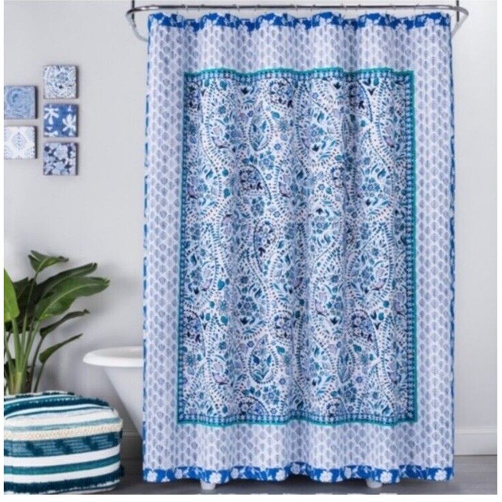 Opalhouse Bohemian Shower Curtain Blue Purple Block Print Cotton